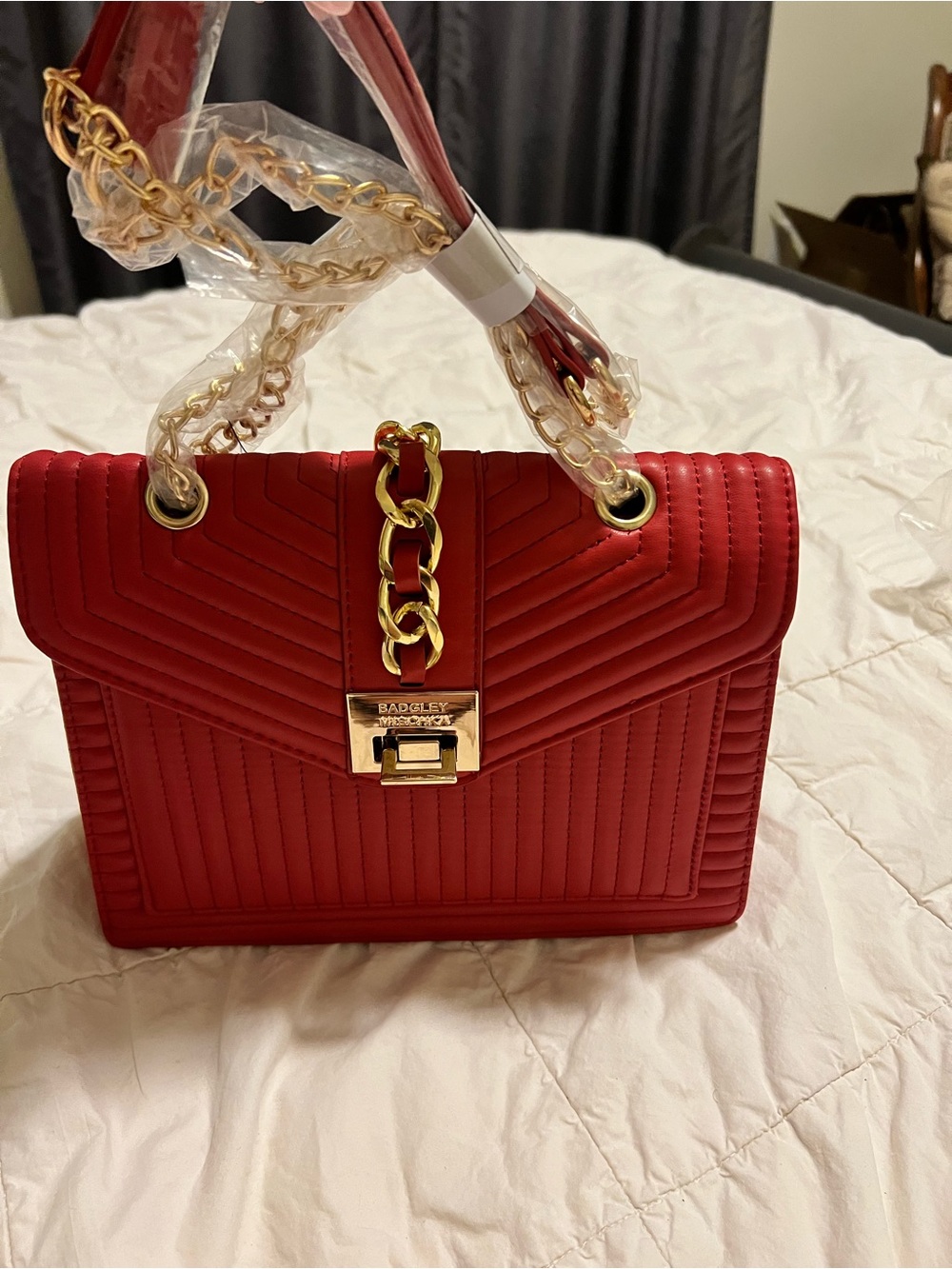 Badgley Mischka Red Quilted Top-Handle Shoulder Bag with Gold Chain